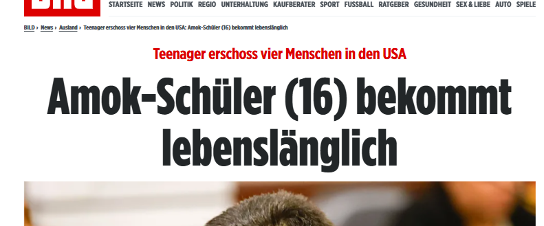 sma_nordlicht's tweet photo. In den USA, beim bösen Trump, bekommt ein 16-jähriger (bei der Tat 14), der 4 Menschen erschossen hat, lebenslänglich Gefängnis.
In Deutschland würde der gleiche Schüler 10 Sozialstunden bekommen und Deradikalisierungs-Kurse und dann wieder auf die Menschen losgelassen.
Besser? https://t.co/jUBmm6yoow