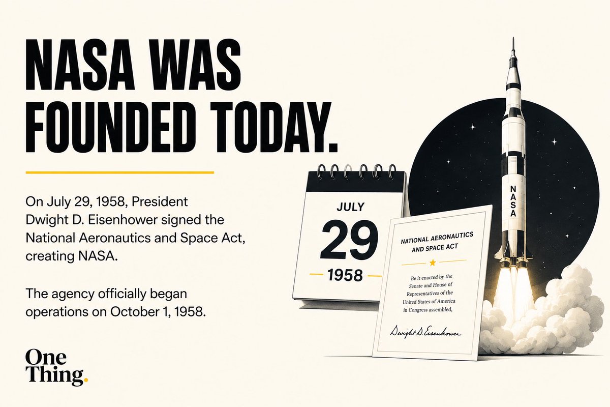1ThingHQ's tweet photo. 🚀 Every space mission that followed, from the Moon landings to the James Webb Space Telescope, began with one signature on July 29, 1958.

#OneThing #NASA #Space https://t.co/smSzQGtBmZ