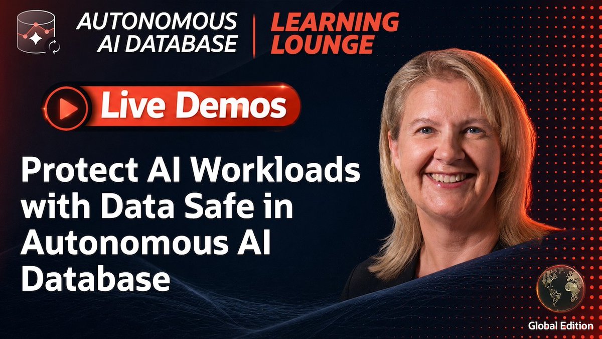 OracleDevs's tweet photo. In this Autonomous AI Database Learning Lounge, learn about how Data Safe provides a centralized approach to security and governance for Autonomous AI Database—helping organizations identify sensitive data, strengthen security posture, monitor activity, and support compliance requirements. https://t.co/3YT6amgnCa