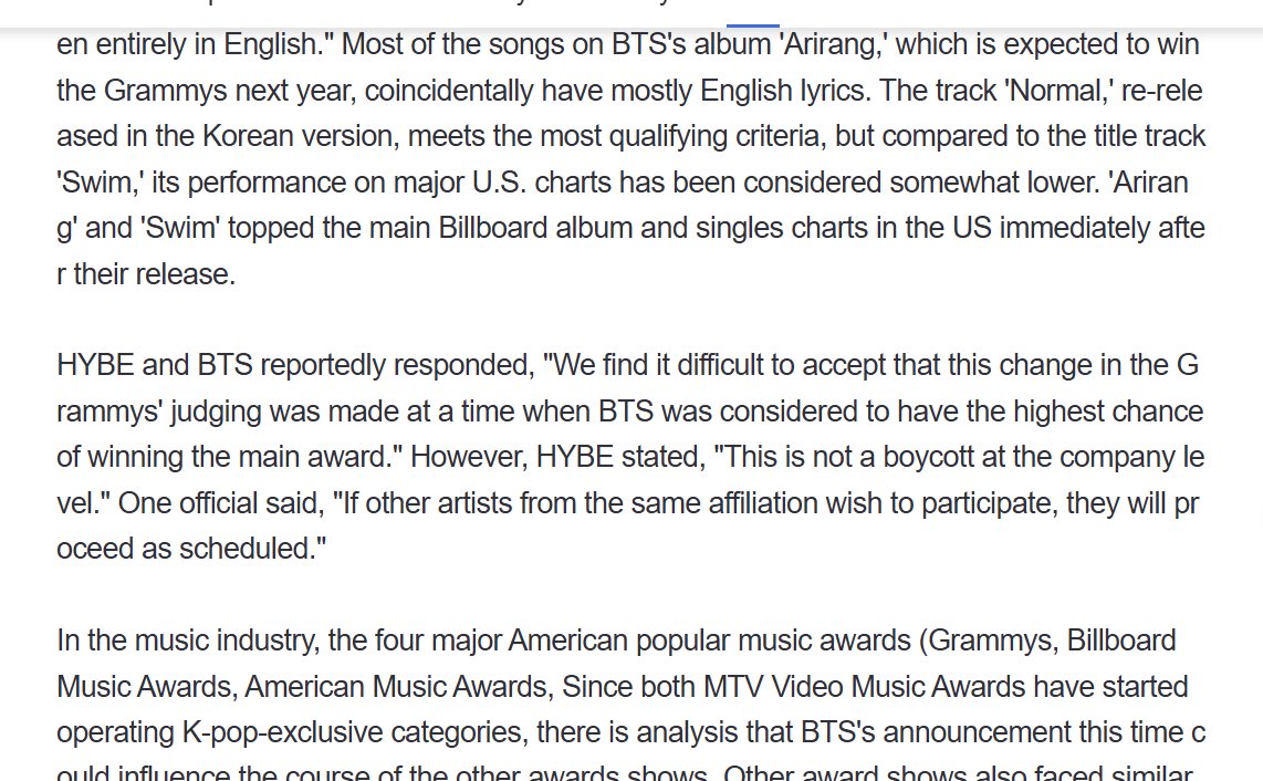 proudbaangtan's tweet photo. DİĞER BİR RESMİ AÇIKLAMA 

"Grammy değerlendirme kriterlerinde yapılan bu değişikliğin, BTS'in büyük ödülü kazanma ihtimalinin en yüksek görüldüğü dönemde gerçekleşmesini kabul etmekte zorlanıyoruz. Bu şirket düzeyinde alınmış bir Grammy boykot kararı değildir." 
Başka bir şirket yetkilisi: "Aynı şirket bünyesindeki diğer sanatçılar Grammy'ye başvurmak isterlerse, süreç planlandığı şekilde devam edecektir."

‼️ "BTS de bu açıklamaya kadar Grammy'ye katılıp katılmama konusunu son ana kadar değerlendirdi. Ancak müzik endüstrisi ve K-pop'ın bütünü adına dikkatli bir yaklaşımın gerekli olduğu düşüncesiyle bu kararı aldı."