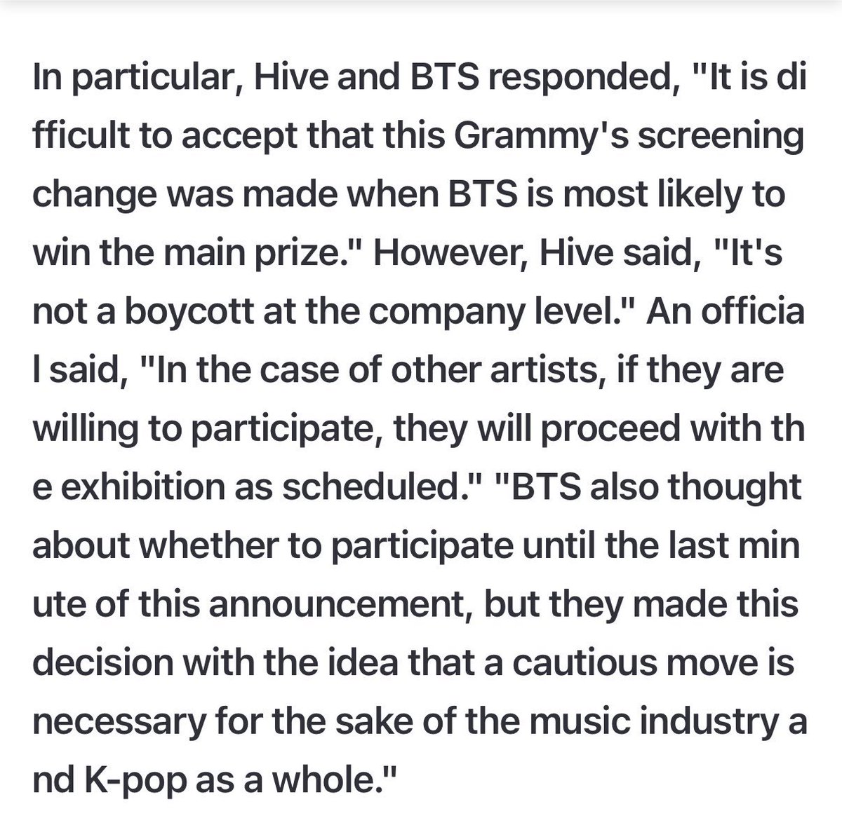 proudbaangtan's tweet photo. DİĞER BİR RESMİ AÇIKLAMA 

"Grammy değerlendirme kriterlerinde yapılan bu değişikliğin, BTS'in büyük ödülü kazanma ihtimalinin en yüksek görüldüğü dönemde gerçekleşmesini kabul etmekte zorlanıyoruz. Bu şirket düzeyinde alınmış bir Grammy boykot kararı değildir." 
Başka bir şirket yetkilisi: "Aynı şirket bünyesindeki diğer sanatçılar Grammy'ye başvurmak isterlerse, süreç planlandığı şekilde devam edecektir."

‼️ "BTS de bu açıklamaya kadar Grammy'ye katılıp katılmama konusunu son ana kadar değerlendirdi. Ancak müzik endüstrisi ve K-pop'ın bütünü adına dikkatli bir yaklaşımın gerekli olduğu düşüncesiyle bu kararı aldı."