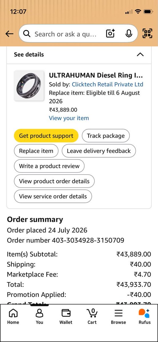 abhi6cool's tweet photo. Ultrahuman only creating problem to customers Didn't send proper reply so my problem resolve I order from Amazon and order ID attached Please take necessary action https://t.co/Dur9mMbVl9