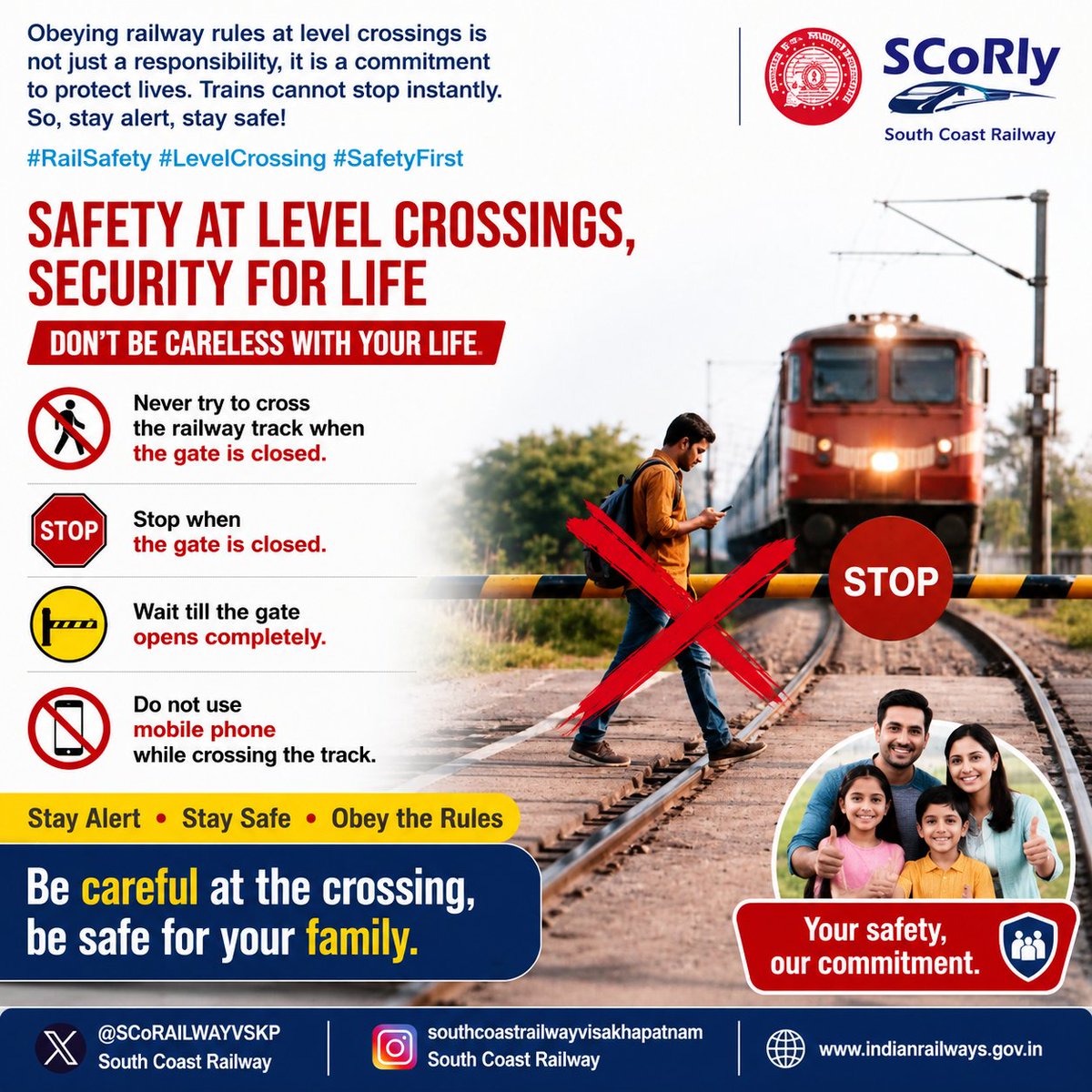 SCoRAILWAYVSKP's tweet photo. Stay alert, Stay safe 
#Safelife #railwaycrossing https://t.co/6NQR6rqifj