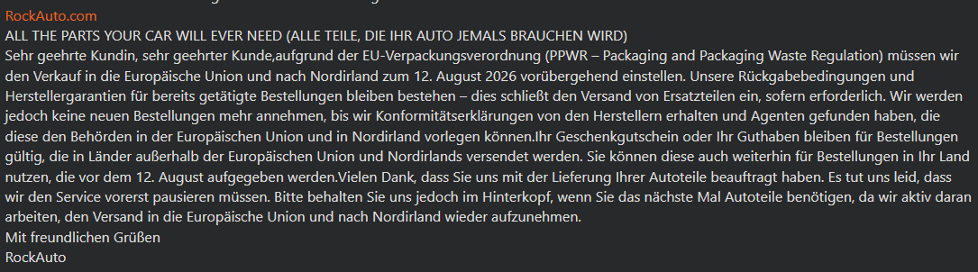 Bassmaster187's tweet photo. Ich habe vor kurzem eine neue Stoßstange in USA bestellt. Nach 1,5 Tagen war sie beim deutschen Zoll. Dort war sie mehrere Wochen, bis ich beweisen konnte, dass kein Russischer Stahl verwendet wurde. Dann habe ich eine Korkdichtung für Ventildeckel bestellt. Man könnte glauben, dass mir das erspart bleibt... Natürlich nicht...
Jetzt hat sich die EU was neues einfallen lassen. Man muss einen Nachweis erbringen, dass die Verpackung aus Recyceltem Material ist. Prinzipiell eine sehr gute Idee, aber man wird für Jede Verpackung und Umverpackungen ein Zertifikat brauchen und alles muss geprüft werden. 
Wir werden in Bürokratie sterben...