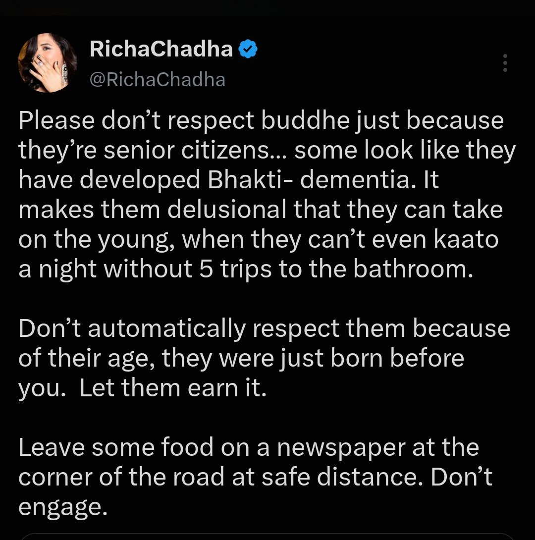 amitsanghvi15's tweet photo. @RichaChadha
गंदकी जब रक्त के प्रत्येक कण में बहती है तब जाकर ऐसी भद्दि बाते दिमाग से शब्द बनकर लिखी जाती हैं

देश के वयस्कों के बारे में जो गंदी एवं विकृत टिप्पणी आपने की है, वो आपके बीमार दिमाग को दर्शाता है. लगता हैं आपके अपने बच्चे भी ऐसी सोच लेकर समाज में जियेंगे
@AliFazalFC https://t.co/AzI1uj0bTn