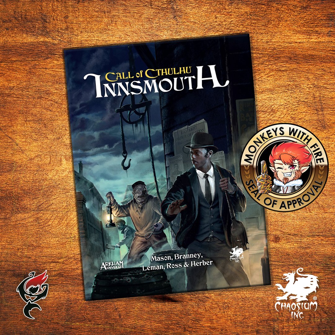 MonkeysWithFire's tweet photo. CALL OF CTHULHU – INNSMOUTH || FIRST LOOK 🦑
Welcome to Innsmouth. This definitive setting guide from @Chaosium_Inc  explores one of Lovecraft's most iconic locations in incredible detail. #monkeyswithfire #ttrpg #chaosiuminc https://t.co/ycPGDj3K60