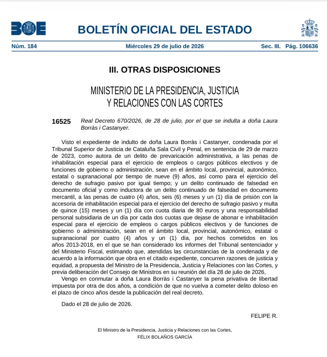 pedropcelis's tweet photo. 🔴URGENTE| El Gobierno indulta en mitad del verano y por la puerta de atrás a  Laura Borràs, dirigente del partido de Puigdemont. 

Tremendo.

Fue condenada por corrupción. Por prevaricación y falsedad documental. https://t.co/VxfN1d978x