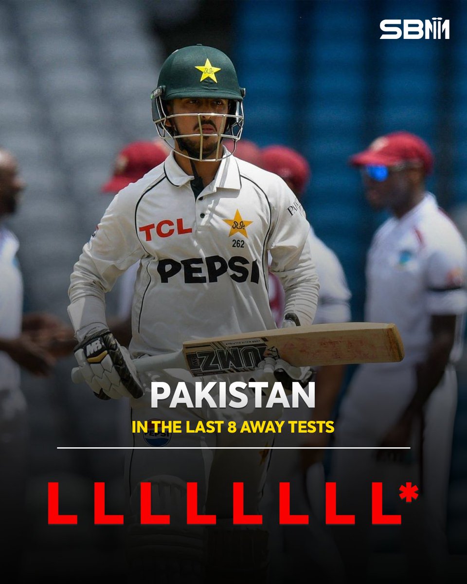 WicketWatcher_'s tweet photo. Pakistan have lost 8 consecutive away tests 

#BabarAzam #ShanMasood #WIvsPAK #WIvPAK #PakistanCricket #Tests #WTC27 #Cricket #SBM https://t.co/37itghf59v