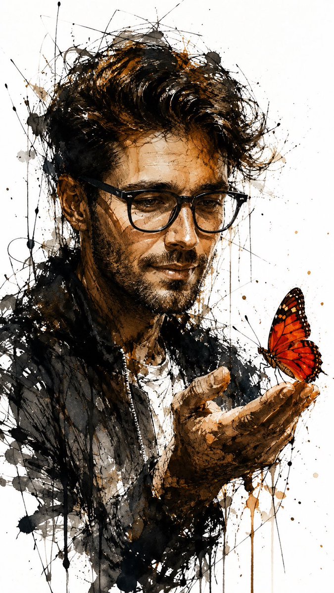 aatif_j's tweet photo. Image created on gpt2 
Prompt:
A raw, expressive ink and watercolor portrait of a man (image Uploaded), in three-quarter view, holding a delicate red-orange butterfly on his outstretched hand; frenetic, gestural black ink lines, splatters and drips form rough cross-hatching and scribbled contours, contrasted with warm washes of brown and burnt sienna on skin and hair, the butterfly rendered with vivid red and subtle white highlights for fragile contrast; stark white negative background, high-contrast lighting, tactile mixed-media texture, emotional, contemplative mood, loose sketchy strokes, dynamic energy, fine detail around face and hand, atmospheric, minimalist composition, painterly yet graphic, evocative and melancholic, --ar 9:16