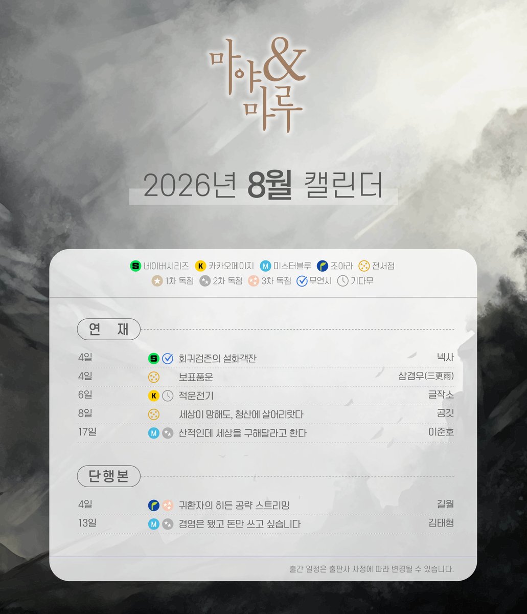 MayamaruFantasy's tweet photo. ⚔마야마루 판타지 26년 8월 출간 캘린더⚔

8월의 마야마루 판타지 출간작들
많은 관심 부탁드립니다😊

※ 출간 일정은 플랫폼 및 출판사 사정에 따라 변경될 수 있습니다. https://t.co/lCfApTVJcX