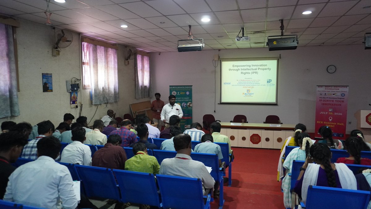 ACIC_MIF's tweet photo. Technical session of the  One Day IP Awareness Program on the title "IP-Ignite your Innovation" on 28/07/2026. Dr. Matheswaran Alagu/ Technical Lead / Raaltech Solutions/ Coimbatore delivered the Introduction to IPR, Project into Patent and Design Registration for Innovators. https://t.co/YozZDGqSDu