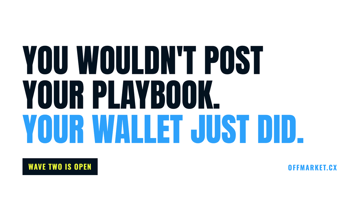 OffMarketcx's tweet photo. You wouldn't post your playbook for free.

But your wallet posts it daily.

OffMarket = same markets, same liquidity.
Without sharing your strategy.

Cohort two is open. 

Link in bio. https://t.co/iEO2ynXkQO