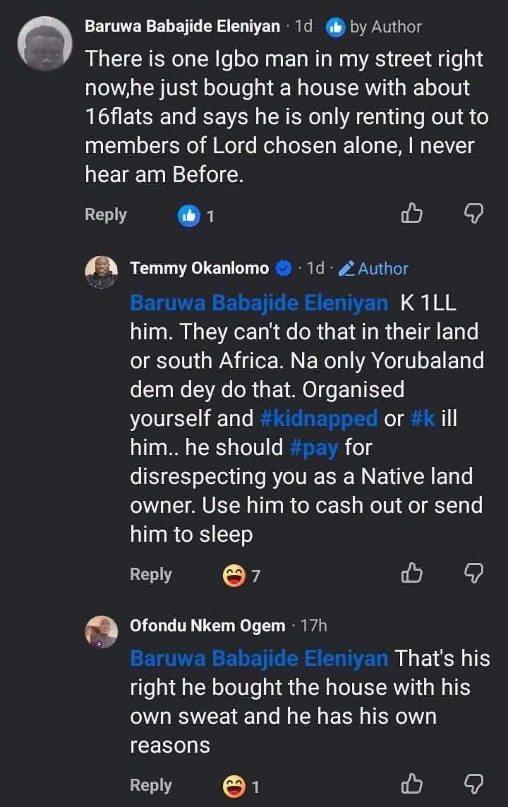 drkenon2's tweet photo. URGENT ‼️ 

This Y0ruba man (Temmy Okanlomo on Facebook) that lives in the USA has written on Facebook advising his people to k!ll any Igbo person that owns a house in Yorubaland.

Whoever knows his whereabouts in the USA should report him to FBI

@FBI @FBIDirectorKash @OfficialDSSNG @PoliceNG