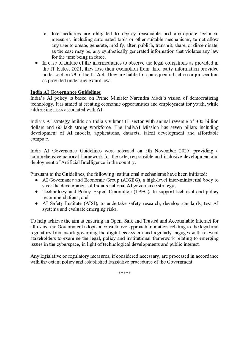 ManishTewari's tweet photo. Sharing the queries I put forth to the Ministry of Electronics and Information Technology including whether the government has examined the legal implications of applying the Information Technology Amendment 2026 rules on Artificial Intelligence, including generative AI services and their details. 

Read to know the questions and the answers received from the Ministry.