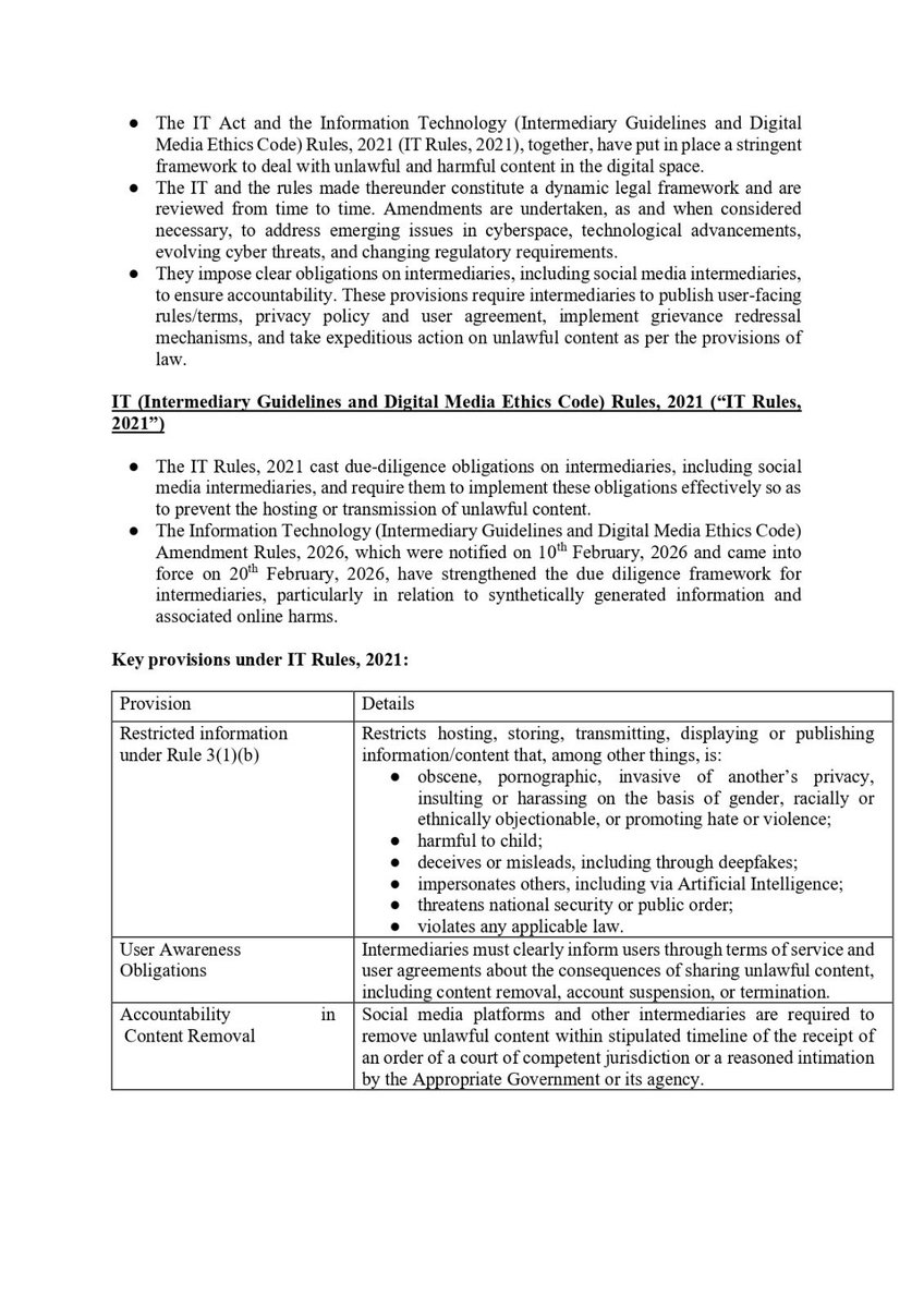 ManishTewari's tweet photo. Sharing the queries I put forth to the Ministry of Electronics and Information Technology including whether the government has examined the legal implications of applying the Information Technology Amendment 2026 rules on Artificial Intelligence, including generative AI services and their details. 

Read to know the questions and the answers received from the Ministry.