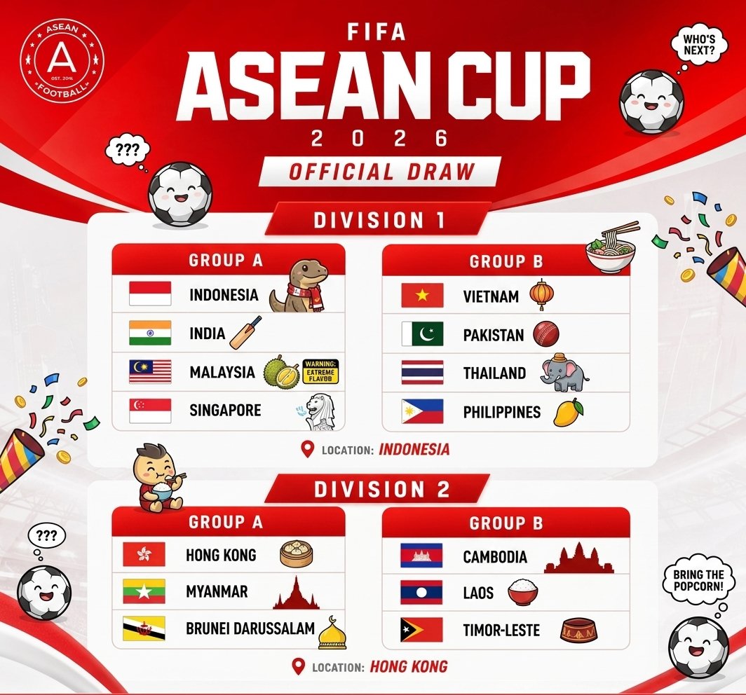 LordBonkye's tweet photo. BREAKING NEWS! Hasil undian FIFA ASEAN Cup 2026 keluar

Grup A Divisi 1 adalah grup neraka bocor gas! Indonesia satu kandang sama Malaysia! Bayangkan, tensinya! Rendang vs Nasi Lemak, siapakah koki terbaik di lapangan hijau? Dan jangan lupakan India sama Singapura, siap ngacak-acak dapur. Ini sih bukan bola lagi, ini turnamen bertahan hidup antar bumbu dapur!"

#ASEANCUP #FIFA #TIMNASINDONESIA