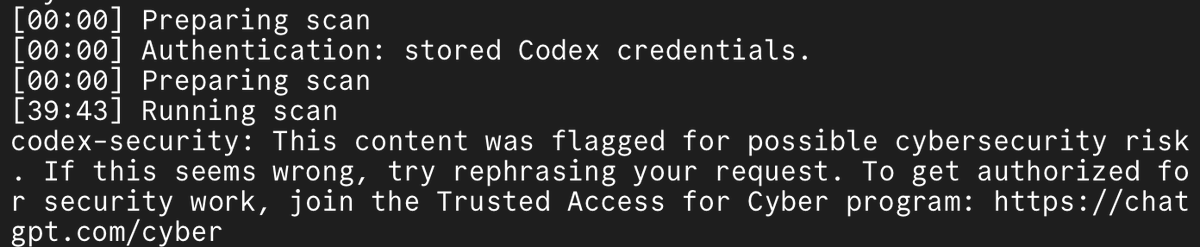 etoNEtrofim's tweet photo. @thsottiaux Tried Codex Security. It flagged the scan as a cybersecurity risk :) https://t.co/GIqqEXel5D