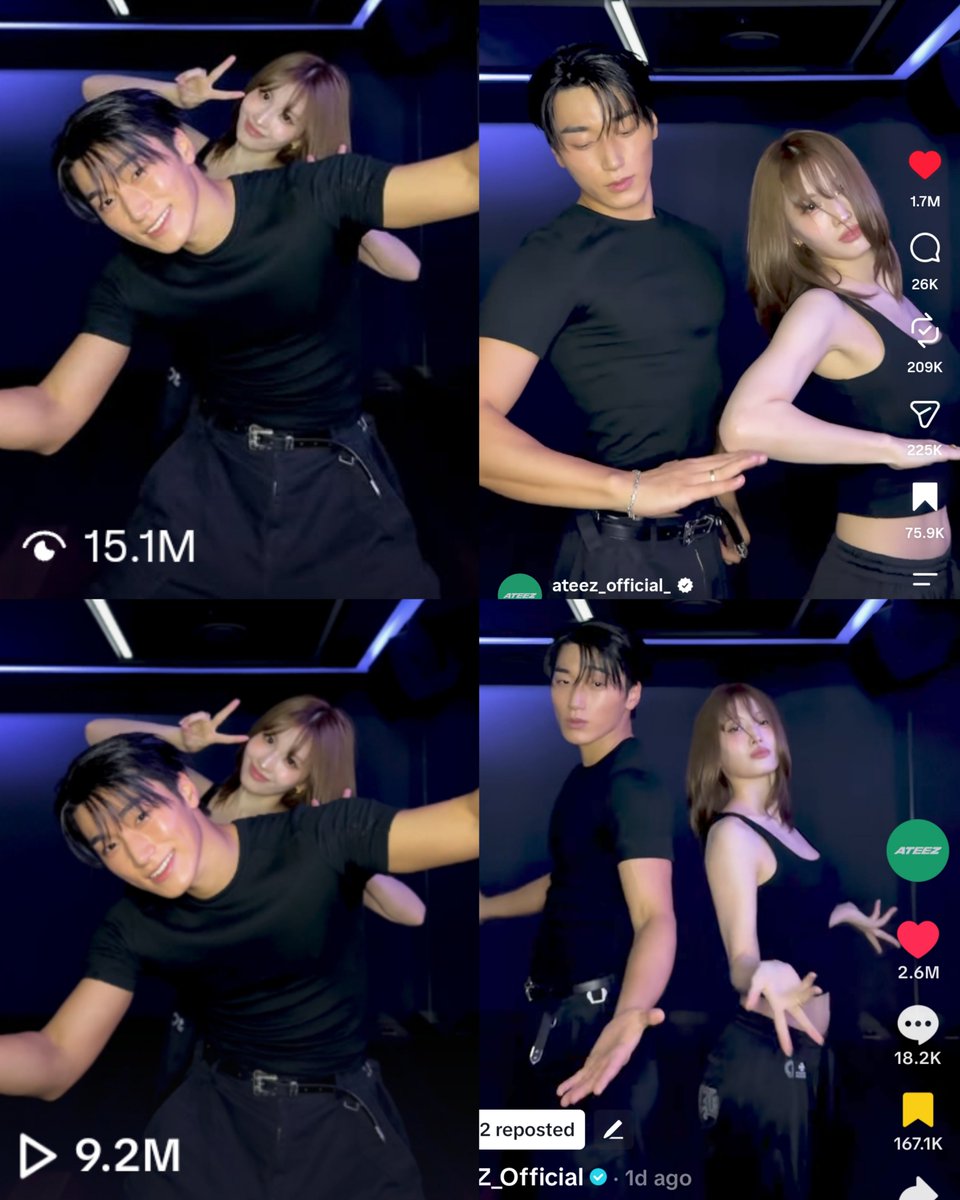 allforsan710's tweet photo. Choi San and Momo 'Bad' dance challenge going viral. It's already surpassed 15.1M views and 1.7M likes on Instagram just in one day! It becomes The Most Viewed and Most Liked 'Bad' dance challenge on Instagram.

The video also surpassed 9.2M views and 2.6M likes on TikTok; 3.5M views and 276k likes on YouTube.
#choisan #산 #최산