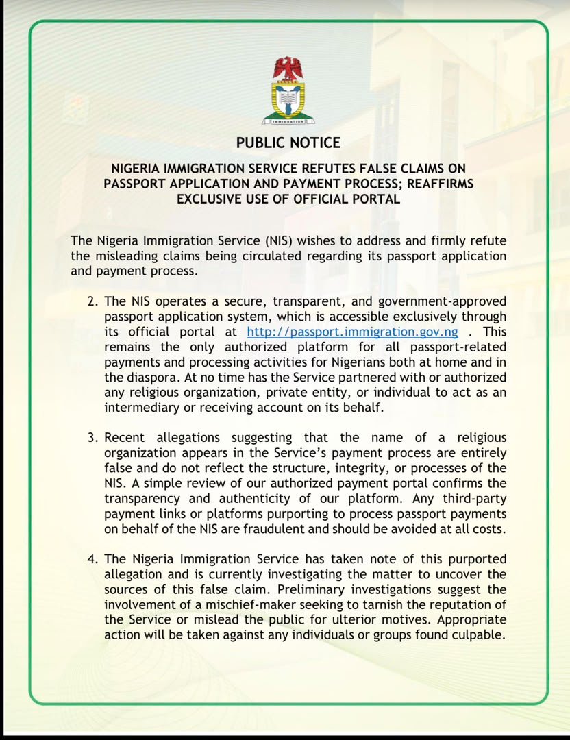 BMB1_Official's tweet photo. The Nigeria Immigration Service wishes to reiterates that the only authorised platform for all passport and Visa related payments and processing activities for Nigerians both at home and in diaspora remains https://t.co/QM8XNJpAeb

#NIS
#BewareofSCAMMERS https://t.co/GiA1TqoIzY