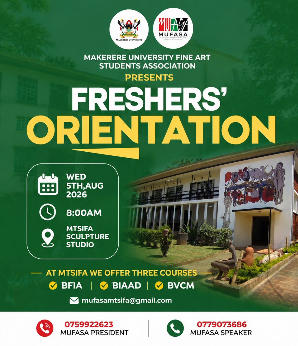 MUFASA_MTSIFA's tweet photo. Calling all Makerere Freshers! Mark your calendars for August 3rd as orientation officially begins. Attend sessions, explore campus life, meet your peers, and get prepared for a successful academic journey @MakCEDAT @MakGuild @Makerere #mufasamtsifa. https://t.co/7L7xYFGadD