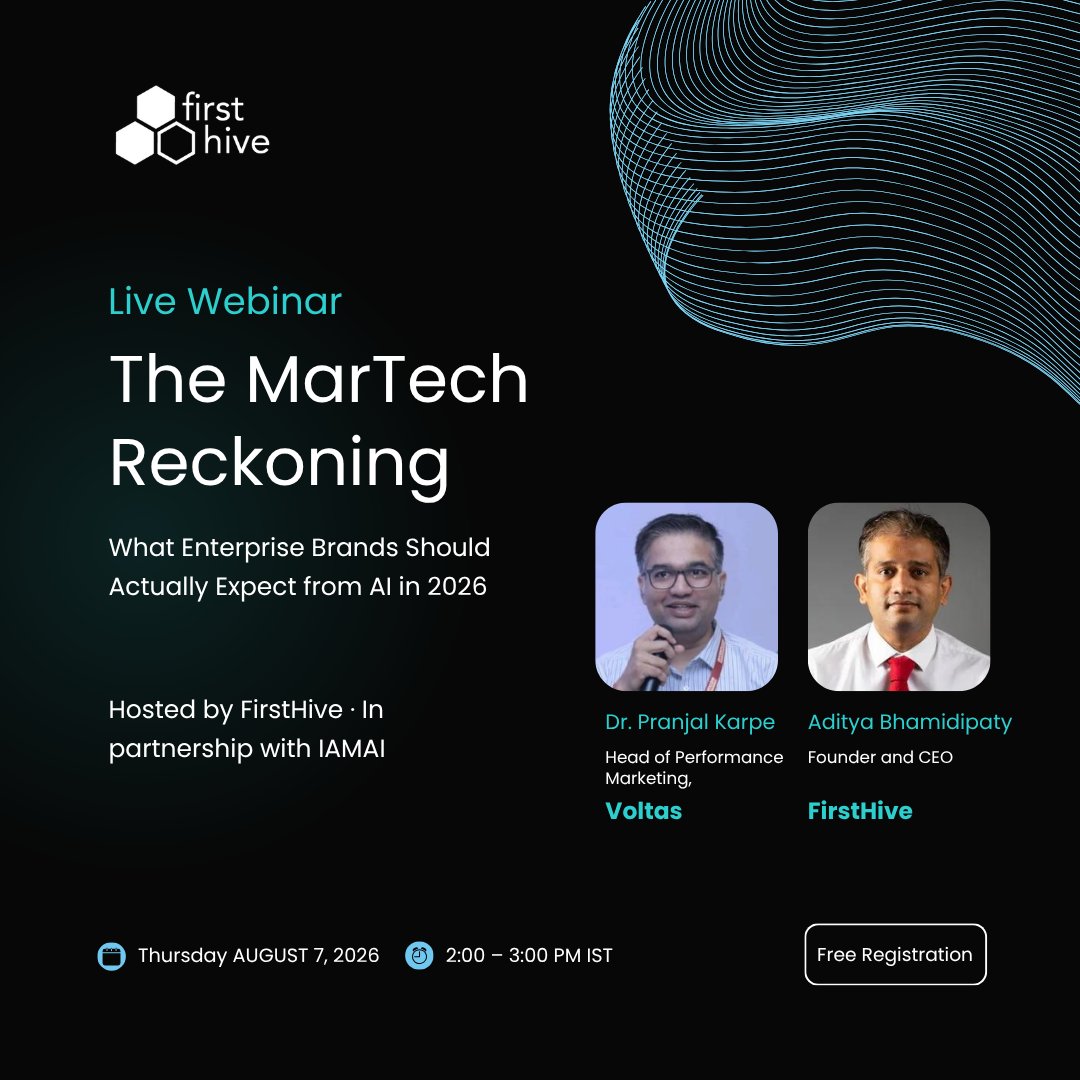 FirstHive's tweet photo. Join @Pranjal155 Head of Performance Marketing, 𝐕𝐨𝐥𝐭𝐚𝐬, and @adityab28 Founder & CEO, 𝐅𝐢𝐫𝐬𝐭𝐇𝐢𝐯𝐞, on Aug 7 with 𝐈𝐀𝐌𝐀𝐈 to discuss what enterprise brands should expect from AI in 2026.
Register here: https://t.co/SIQfeeG75P
#martech #ai #IAMAI #eddieai #webinar https://t.co/DdQW0FeQln