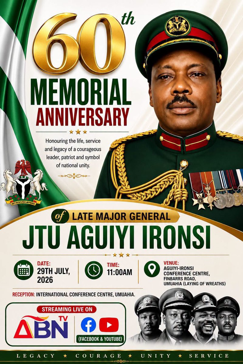 AloyEjimakor's tweet photo. I call on Ndigbo to attend this event which holds today in Umuahia. General Aguiyi Ironsi is a true hero who was murdered in cold blood by those he trusted. He was the most decorated Army officer to date, as no other officer has even come close to beating his record. https://t.co/FPLLAQwqgP