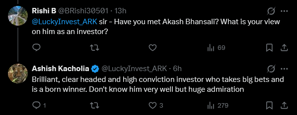 RakJhun's tweet photo. Ashish Kacholia says Akash Bhanshali is "Brilliant, clear headed &amp; high conviction investor who takes big bets &amp; is a born winner. Don't know him very well but huge admiration". Bhanshali is son of Vallabh Bhanshali. He is CA. 50-55 yrs old. Portfolio of 15 stocks worth ₹7548 Cr https://t.co/SxEVzz5LxU