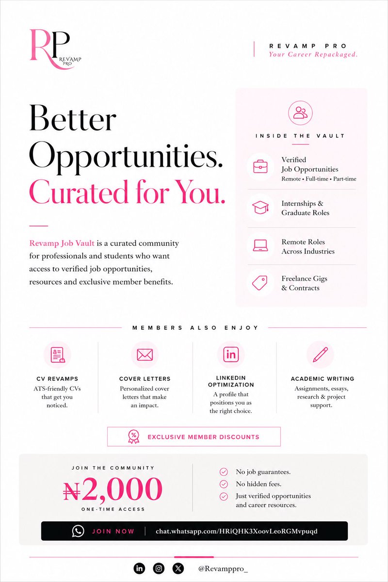 Revamppro_'s tweet photo. Stop searching everywhere.
Join Revamp Job Vault for verified jobs, remote roles, internships and gigs all in one place.
Plus exclusive discounts on CV Revamps, LinkedIn Optimization, Cover Letters &amp; Academic Writing.

💰 ₦2,000 one-time access.

🔗 https://t.co/yUNbrJ8P2p https://t.co/b5n4fHtJM2