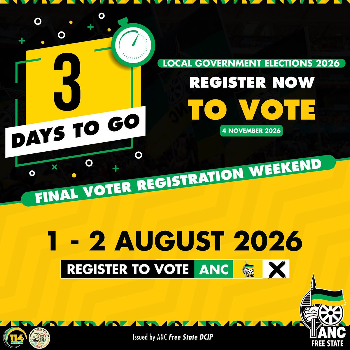 ANCFS's tweet photo. 3 days to go until the Final Voter Registration Weekend. If you’re not yet registered, now is the time to get on the voters’ roll and be ready to vote for the ANC in the 2026 Local Government Elections.

✅ Register online: https://t.co/yQUxWG7qO5

#RegisterToVoteANC 
#LGE2026 https://t.co/wfkfRmZRUP