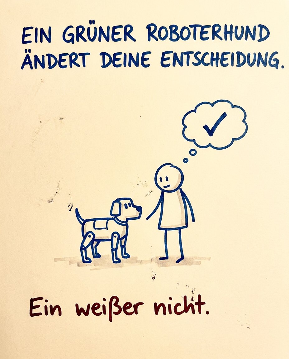 MarianZefferer's tweet photo. Stell Dir vor: Ein kleiner Roboterhund läuft Dir im Hotel entgegen und fragt, ob Du am Green-Programm teilnehmen willst. Ist er weiß, lehnst Du eher ab. Ist er grün, sagst Du öfter Ja. Sind andere Gäste in Hörweite, kippt Deine Entscheidung noch stärker Richtung "ich mach mit". https://t.co/5vYnx8fUZt