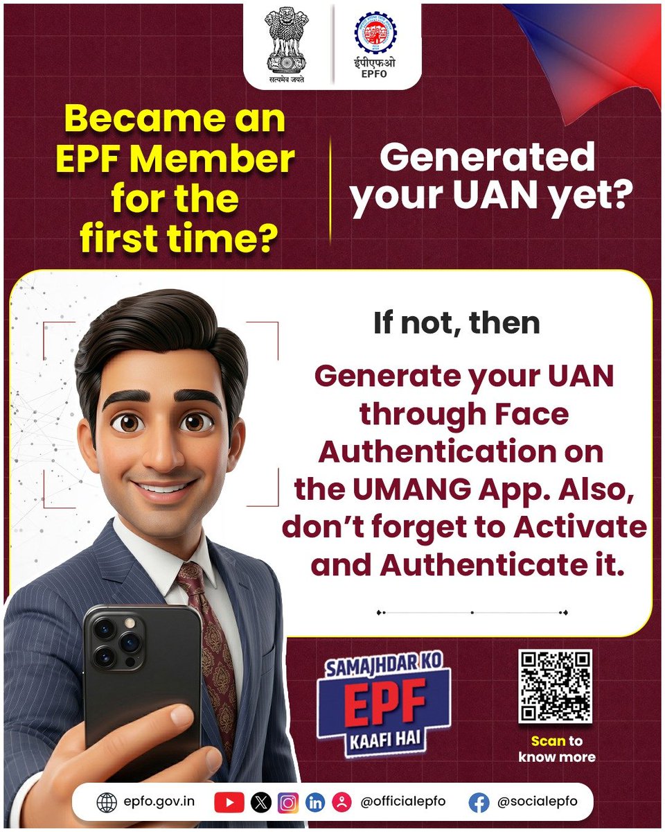 socialepfo's tweet photo. Became an EPF Member for the First Time? 

Have You Generated Your UAN Yet? If not, generate your UAN through Face Authentication on the UMANG App. Don’t forget to Activate and Authenticate your UAN!

 #EPFO #EPFOWithYou #HumHainNa https://t.co/iKyI5ZngMr