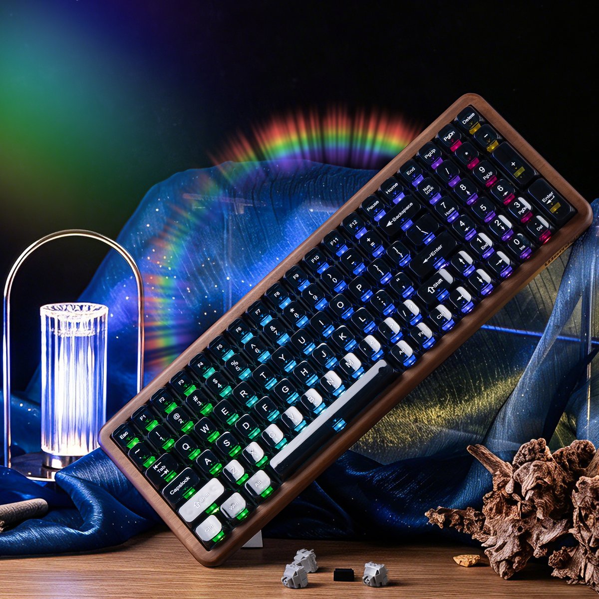 WomierOfficial's tweet photo. The Womier WD99 Black &amp; Blue Transparent combines natural wood texture with a sleek translucent finish. Gasket mount. Pre-lubed switches. Sound as rich as the material.    
🪵 Pure wood. Deep blue glow.
#Womier #WD99 #WoodKeyboard #CustomKeyboard #keyboard https://t.co/wwI6f48gNo