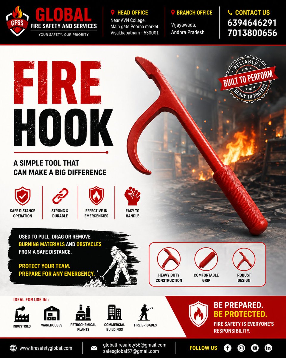 GLOBALFIRESAFE's tweet photo. 🔥 Fire Hook – A Simple Tool That Can Make a Big Difference

Designed to safely pull, drag, or remove burning materials and obstacles from a safe distance, the Fire Hook is an essential firefighting tool for industrial, commercial, and emergency response applications. https://t.co/tR9WhWRLtn