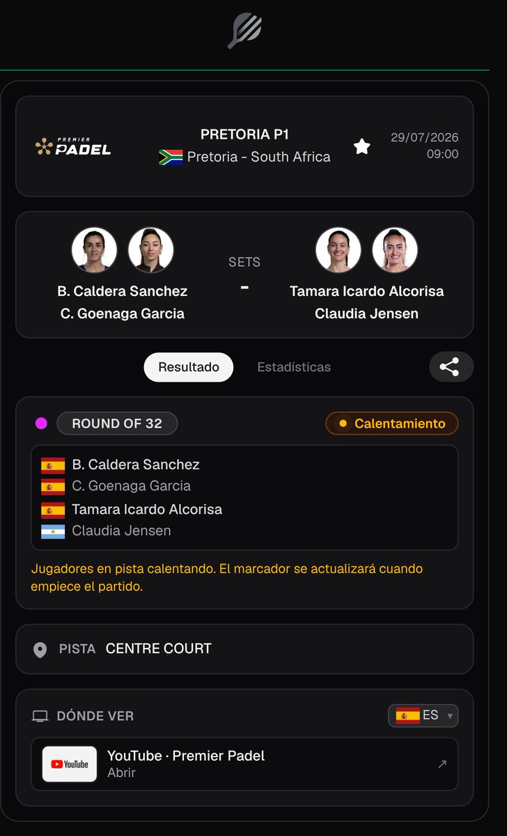 PadelscoreApp's tweet photo. 🔴 En directo ahora · LIVE

B. Caldera Sanchez / C. Goenaga Garcia vs Tamara Icardo Alcorisa / Claudia Jensen
🏆 PRETORIA P1 · Round of 32

#Caldera #Goenaga #PretoriaP1 #PremierPadel https://t.co/4EcYm7lUyA