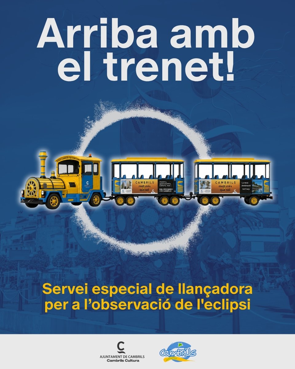 ajcambrils's tweet photo. TURISME | 🚂 Servei gratuït de trenet llançadora!

ℹ️ El 12 d'agost s'habilitarà un servei especial de trenet que connectarà la zona d'aparcament de l'avinguda de l'Esport amb el punt oficial d'observació de l'eclipsi.

#Cambrils #CambrilsMiraAlCel #EclipsiCambrils https://t.co/Mmw2W6XlQI