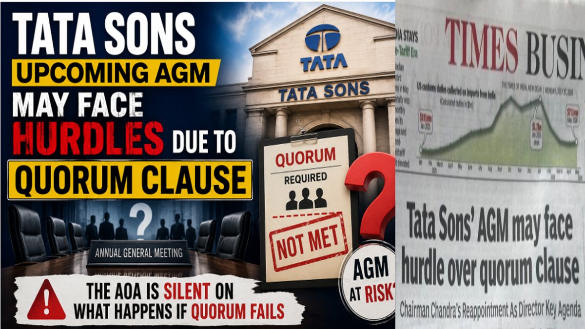 rvsekar2000's tweet photo. Check out the latest article in my newsletter: TATA SONS UPCOMING AGM MAY FACE HURDLES DUE TO QUORUM CLAUSE
THE AOA IS SILENT ON WHAT HAPPENS IF QUORUM FAILS https://t.co/wMiSF5cqVa via @LinkedIn https://t.co/lzrUpGgA6t