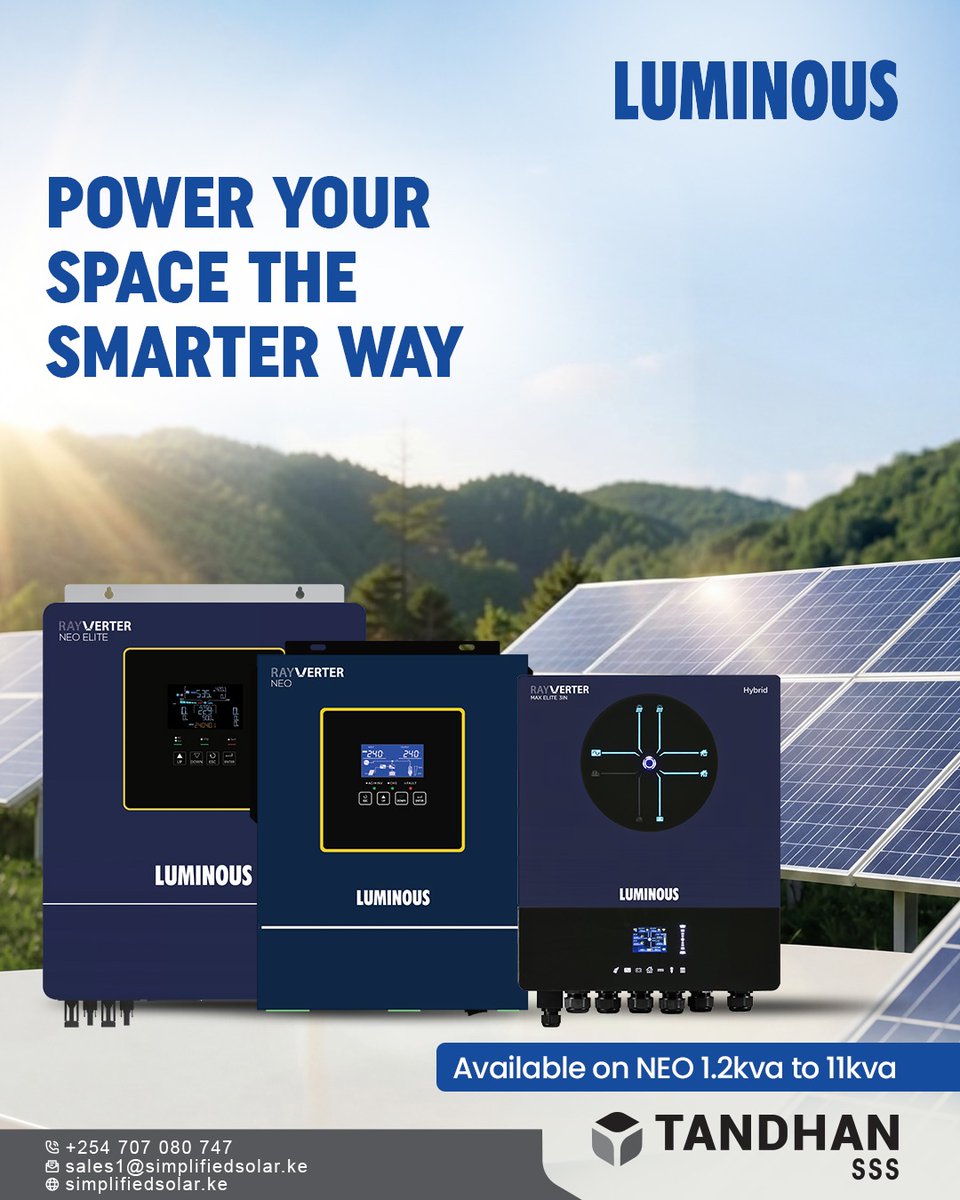 SimplifiedSSL's tweet photo. Luminous Rayverter 1.2kVA to 11kVA inverters support stable backup and solar energy use, making everyday power management more efficient. 
For more information, feel free to reach us at +254 107 800 800, email us at info@simplifiedsolar.ke https://t.co/8Tb27rIosm