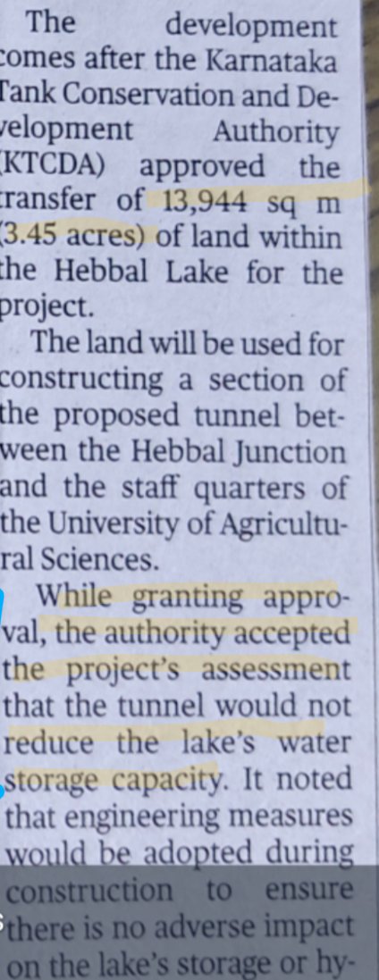 solidview's tweet photo. 🚨🚨

If this news doesn't make you concerned, nothing else will.

Give up 3.45 acres of Hebbal Lake land for the idiotic short tunnel road 

and 

claim there will be no impact on Lake storage capacity!

BDA thinks we are all fools.

Bengaluru citizens, care for the city 🙏🏽 https://t.co/s3LwgBKXWh