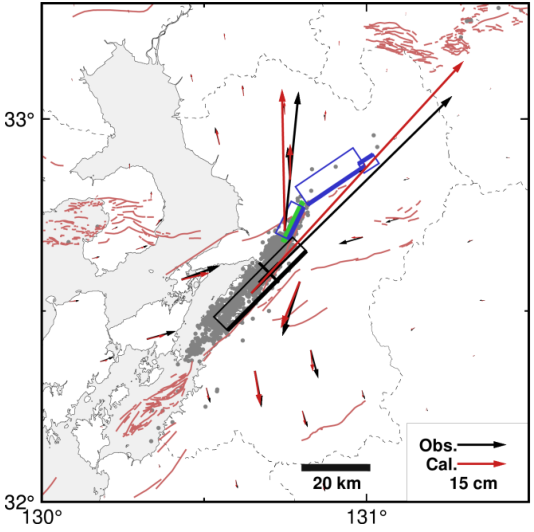 GSI_Research's tweet photo. 2026年7月28日に発生した令和8年熊本地震の震源断層モデル（暫定）を公開しました。このモデルは、電子基準点で観測された地殻変動から推定したものです。
https://t.co/ioJM2mo1BJ https://t.co/qYzJIamyVA