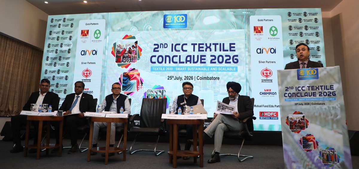 ICC_Chamber's tweet photo. The 2nd ICC Textile Conclave 2026 in Coimbatore on July 25, themed ‘Textiles 2030: Smart, Sustainable and Scalable’, emerged as a pivotal forum for shaping the future of Indian textiles. 

Leaders, innovators, and researchers engaged in meaningful discussions on sustainability, technology adoption, and global competitiveness. The conclave emphasised the transition towards eco‑friendly fibres, circular economy practices, and reducing carbon footprints, while also spotlighting smart manufacturing through automation, AI, and digital tools to enhance productivity and quality.

A key highlight was the exploration of global competitiveness, where participants underscored how India’s textile sector can leverage innovation and scalability to strengthen its position in international markets. This discussion gained sharper relevance in light of recent Free Trade Agreements signed by India with countries such as the UK, Australia, and the UAE.

These FTAs open new avenues for textile exports by reducing tariff barriers, expanding market access, and creating opportunities for Indian manufacturers to showcase sustainable and high‑quality products on a global stage. The conclave highlighted that aligning with these trade frameworks will not only boost exports but also encourage investment in advanced textile technologies and sustainable practices.

Further, sessions on financial empowerment explored investment strategies and risk management for enterprises navigating dynamic global demands, while research and innovation were positioned as the backbone of future growth, driving breakthroughs in textile science and technology.

The conclave reaffirmed that textiles are more than fabric — they are the fabric of India’s industrial progress, weaving together tradition, technology, sustainability, and now, global trade opportunities to build a resilient and competitive future. This event acted as an eye-opener in the Textile Sector on what is happening and what is to be done.

Stay tuned for more updates!

#Textiles2030 #SmartSustainableScalable #TextileInnovation #GlobalTrade #IndianChamberOfCommerce

@Lux_Innerwear | @tttextiles | @AdityaBirlaGrp | @hdfcmf | @AiroiInc | @Airoi_inc | @tn_updatess