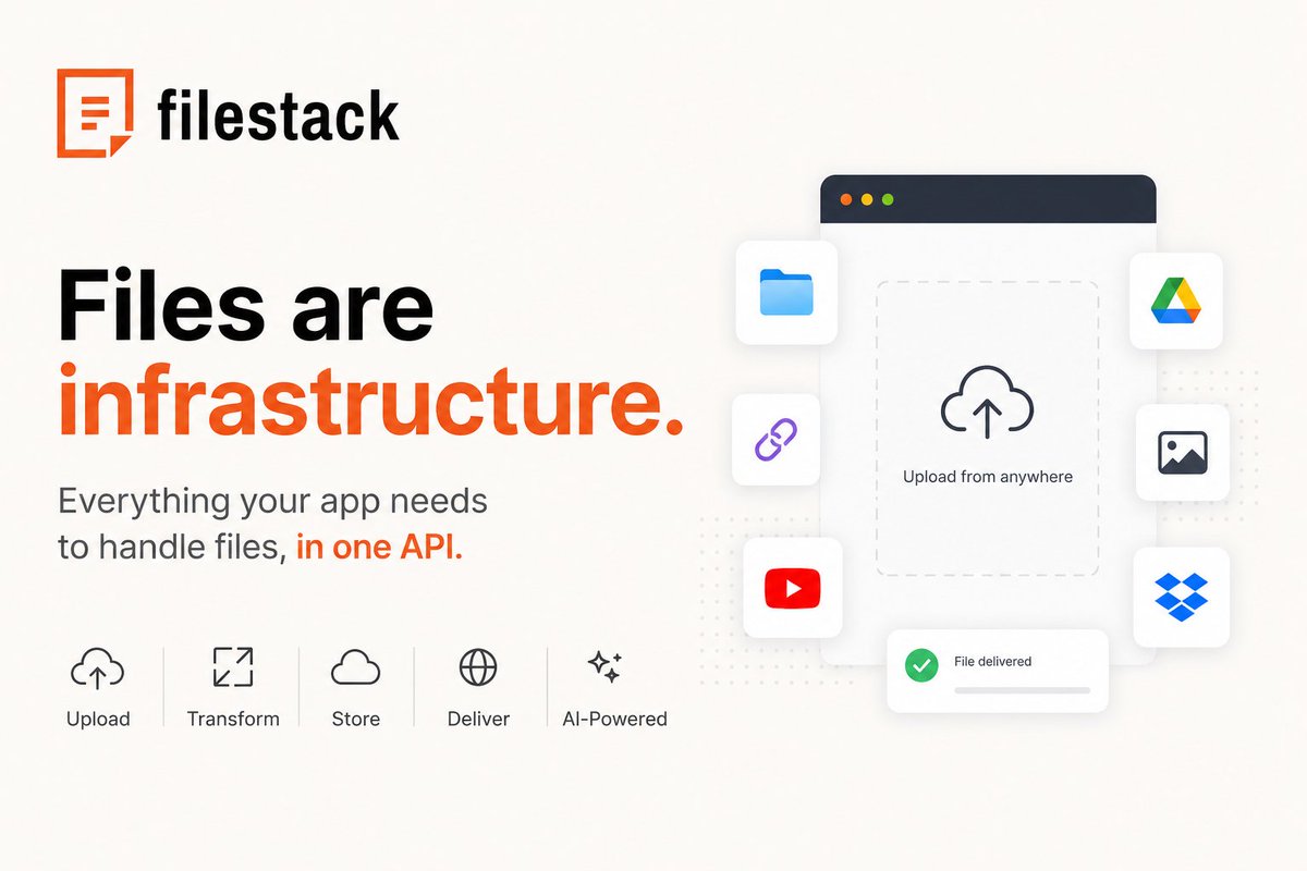 hey_mujeebahmed's tweet photo. Handling files in apps shouldn't be complicated, Files are infrastructure.

Filestack brings uploads, transformations, storage, CDN delivery, and AI-powered file intelligence into a single API.

Highlights:
✓ 20+ upload sources
✓ URL-based file transformations
✓ Global CDN delivery
✓ Built-in AI for content moderation
✓ SDKs for every major stack

A solid choice if your product works with files.