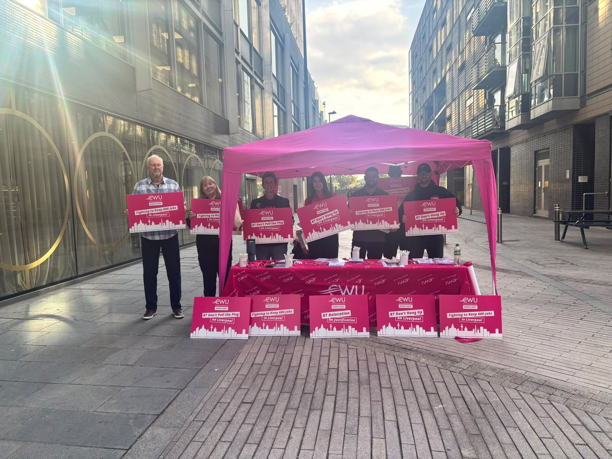 NWCWU's tweet photo. Early kick-off for our campaign to retain 600 BT &amp; Openreach jobs in Liverpool. #BTRelocationNoJustification 
@CWUnews @andy_mercer @CWUMersey @MerseyCwu https://t.co/ZjBxrVACoB