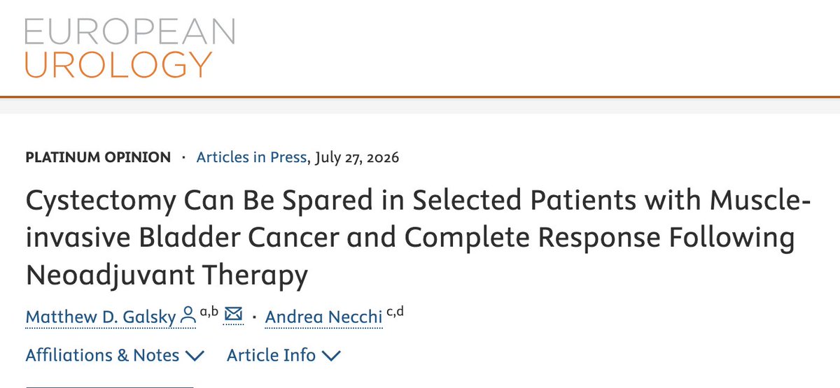 drenriquegrande's tweet photo. ⚡️ On @EuropeanUrology - With pCR rates of 57–64% with perioperative EV + pembrolizumab in MIBC, can cystectomy be spared in selected patients who achieve a complete response?

The evidence is building — but defining how to get there remains the key challenge.

#BladderCancer @AndreaNecchi 

https://t.co/TEtpgAXR0d