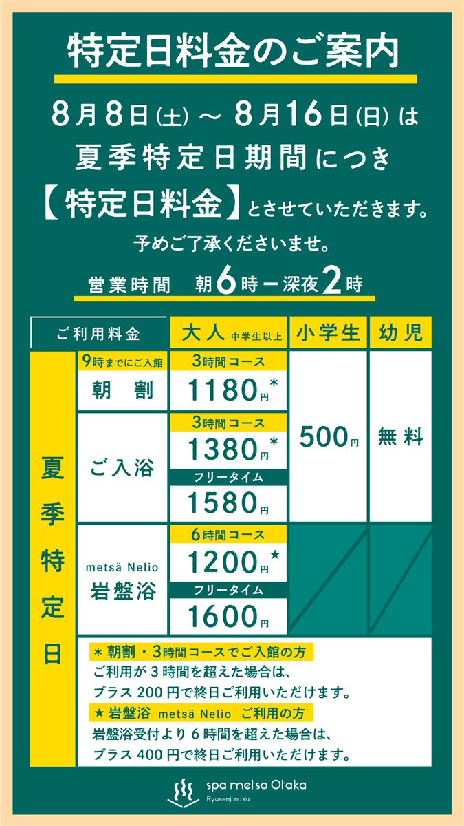 spa_metsaotaka's tweet photo. 🌻【夏季特定日料金のお知らせ】🌻

8/8日～16日の期間は、
特定日料金でのご案内となります🙇‍♀️🙇‍♂️

期間中は多くのお客様のご来館が予想されますが、
早朝や深夜の時間帯は、比較的スムーズにご利用いただける傾向です♨️

ぜひお時間に余裕をもってお越しいただき、快適なひとときをお楽しみください😊 https://t.co/iBJcNEs2j1