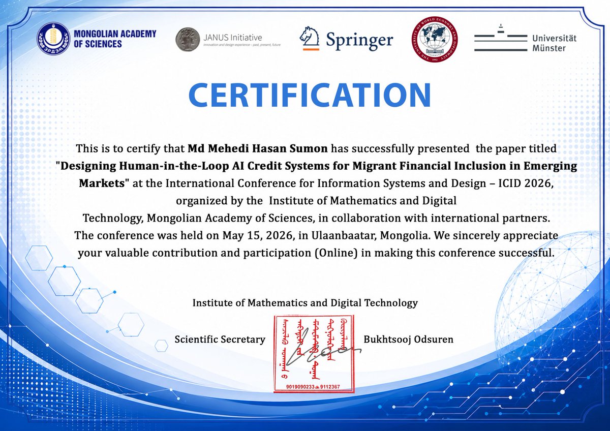 mehedi895's tweet photo. Pleased to have presented my research on responsible, human-in-the-loop AI for migrant financial inclusion at ICID 2026 in Ulaanbaatar, Mongolia.

A meaningful step towards building fairer and more transparent financial solutions for migrant communities.

#ICID2026 #ResponsibleAI https://t.co/HwTuXEuysL