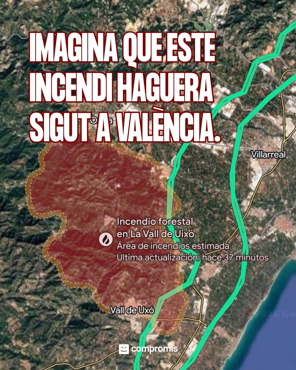 CompromisVLC's tweet photo. 🔥 Costa entendre la magnitud d'un incendi... fins que el poses sobre el mapa de la teua ciutat.

Això és el que ja ha cremat a la Vall d'Uixó.

PP i Vox retallen la prevenció, neguen el canvi climàtic i prioritzen els bous abans que protegir els nostres boscos. https://t.co/ijI9vRTqVz