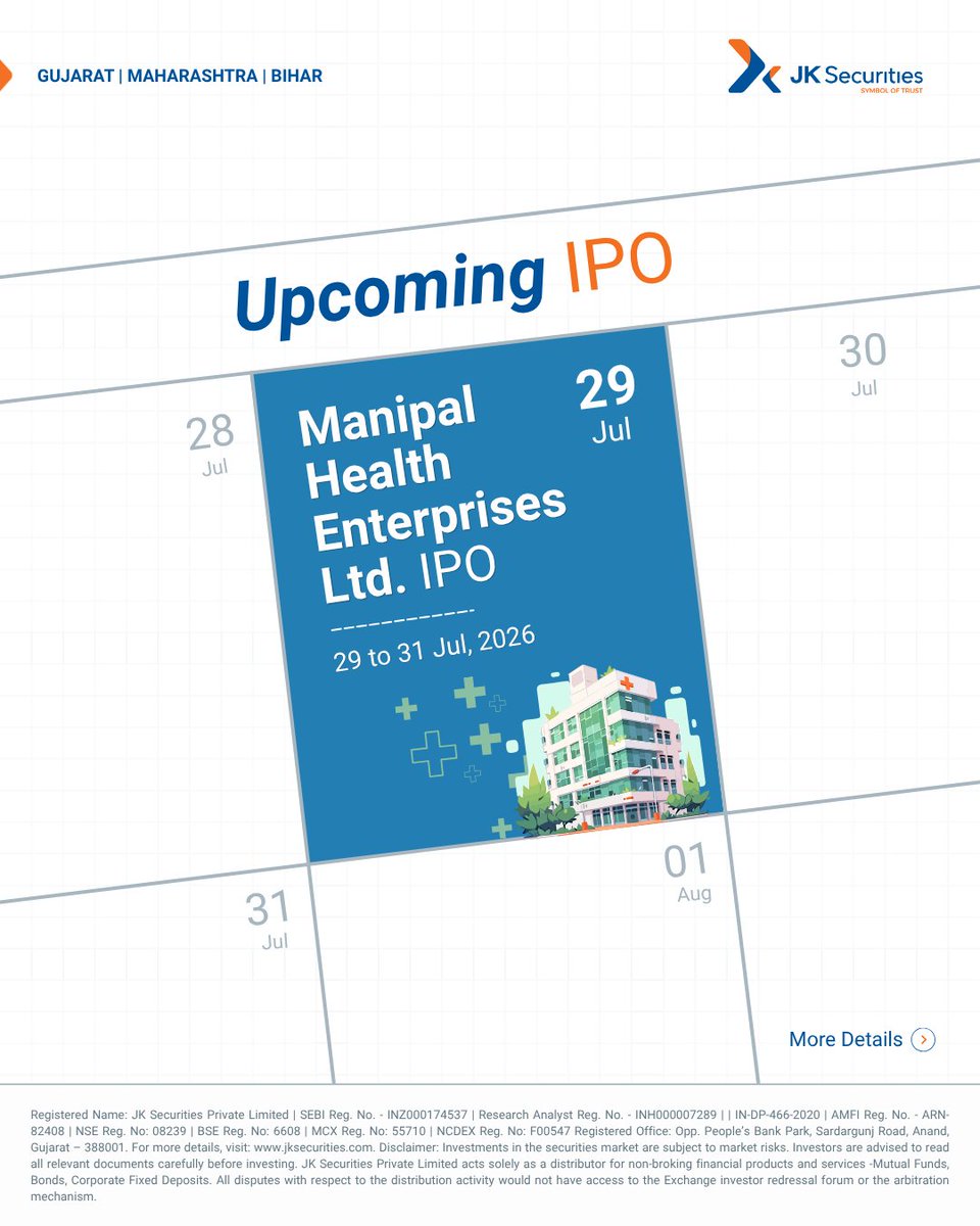 JKSecurities1's tweet photo. Manipal Health Enterprises IPO 📢:

💰 Issue Size: ₹9,275.22 crores
📅 Subscription Period: 29 Jul – 31 Jul, 2026
🔔 Allotment Date: 3 Aug, 2026
📈 Listing Date: 5 Aug, 2026

#ipo #ipolisting #ipoinvesting #investment #stockmarketindia #trading #iponews #stockmarket https://t.co/igdsepYpcl