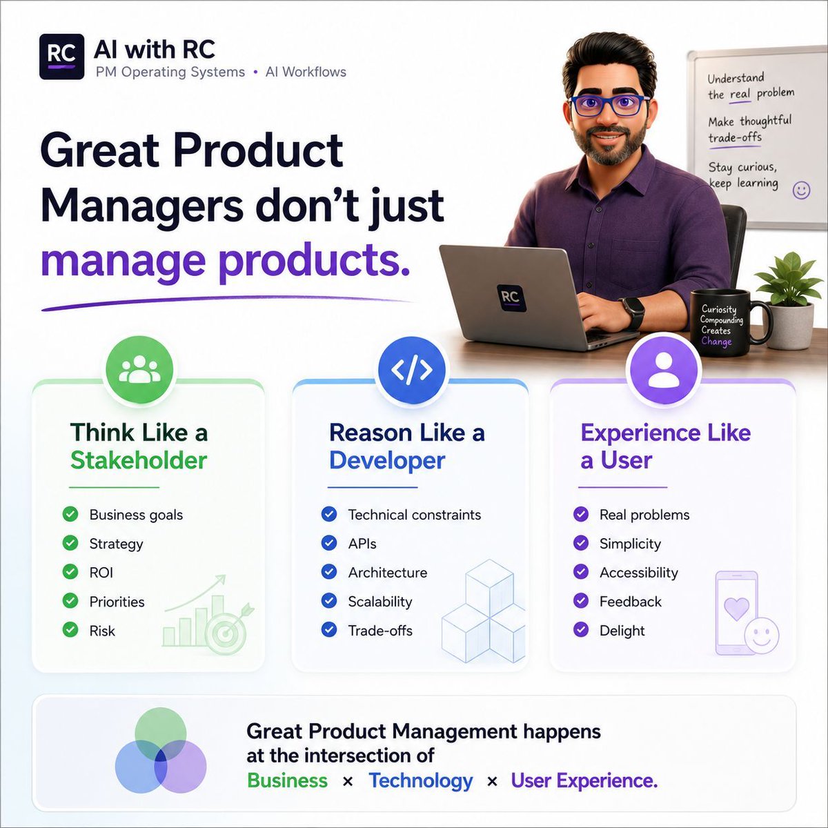 aiwithrc's tweet photo. Great #ProductManagers don't just manage products

PM constantly switch between perspectives:

🟢 Think like a stakeholder
🔵 Reason like a developer
🟣 Experience the product like a user

AI can accelerate execution.

But balancing is still the PM's biggest advantage.
#AiwithRC https://t.co/vZdOnfTCBc