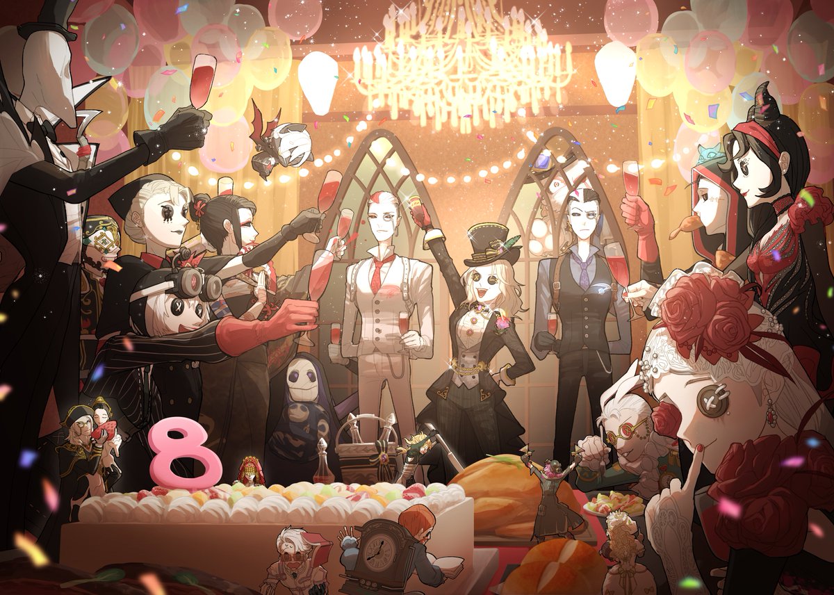 raion_tetete's tweet photo. 第五人格8周年おめでとうございます！✨✨

S8の真髄キャラをメインに8関連キャラ達でお祝い絵を描かせていただきました！
これからも楽しくゲームプレイさせていただきます！

 #第五人格8周年
＃第五人格 https://t.co/8JkeNNtm5d