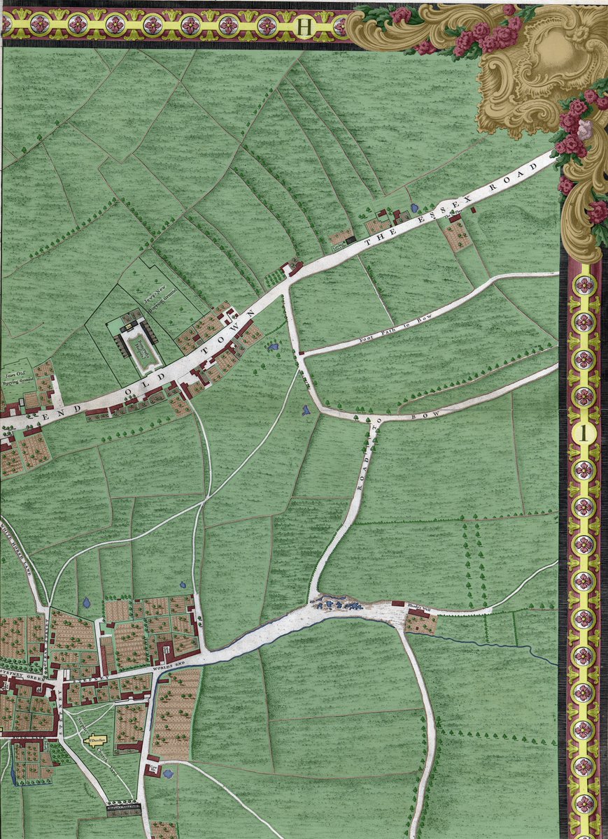 Londonist's tweet photo. Our project to colour in the entire 1746 John Rocque map has reached the eastern edge of London. This is the scene in Mile End 280 years ago. Mostly fields, but a few intriguing features. High-res version and article in comments... https://t.co/ilZcLkVp06